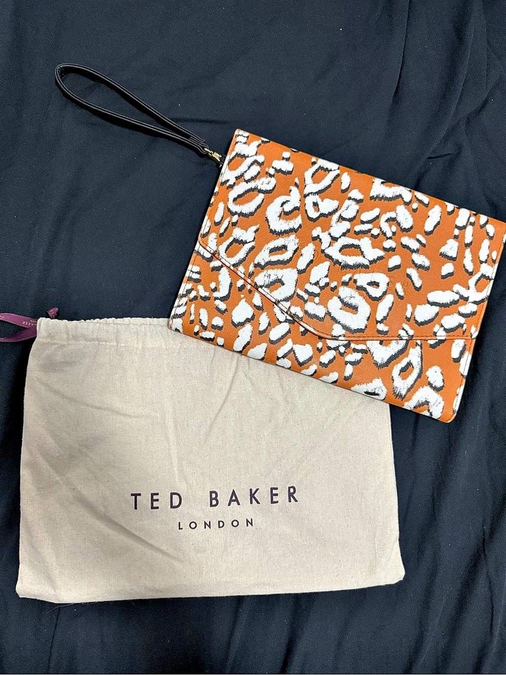 Ted Baker Leopard Print Envelope Pouch Wrist Clutch Orange & White